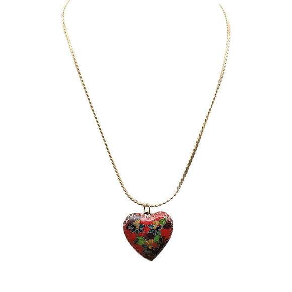 Vintage Heart-Shaped Cloisonné Puffy Pendant Necklace with Gold Chain and Rich E - Picture 2 of 3